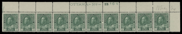 ADMIRAL STAMPS  104,Matching upper right Plates 75 & 76 strips of ten with printing  order number "194", both equally well centered with rich colour  on bright fresh paper, LH in top selvedge, leaving stamps NH; a  very attractive duo, penciled on same day "18 May 