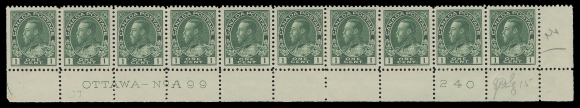 ADMIRAL STAMPS  104,Three strips of ten with consecutive plate numbers, all unusually well centered; LL Plate 97 right stamp LH, others NH; UR Plate 98 with some split perfs mostly strengthened in the selvedge, six NH; LR Plate 99 left stamp LH, others NH, VF (Unitrade cat. $3,120)