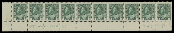 ADMIRAL STAMPS  104,Three strips of ten with consecutive plate numbers, all unusually well centered; LL Plate 97 right stamp LH, others NH; UR Plate 98 with some split perfs mostly strengthened in the selvedge, six NH; LR Plate 99 left stamp LH, others NH, VF (Unitrade cat. $3,120)