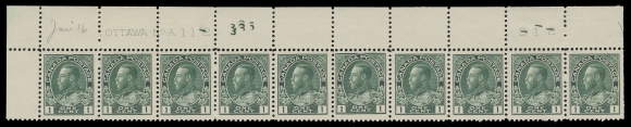 ADMIRAL STAMPS  104,An impressive group of four strips of ten with consecutive plate numbers: UL Plate 109, LH in selvedge only, stamps NH; LR Plate 110 seven stamps NH; and UL Plates 111 and 112 LH in selvedge only, stamps NH; last two with original printing order number "312"  etched out and new number "365" added. Plates 110 and 111 are  F-VF and Plates 109 and 112 are VF centered. (Unitrade cat.  $3,700)