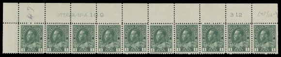 ADMIRAL STAMPS  104,An impressive group of four strips of ten with consecutive plate numbers: UL Plate 109, LH in selvedge only, stamps NH; LR Plate 110 seven stamps NH; and UL Plates 111 and 112 LH in selvedge only, stamps NH; last two with original printing order number "312"  etched out and new number "365" added. Plates 110 and 111 are  F-VF and Plates 109 and 112 are VF centered. (Unitrade cat.  $3,700)
