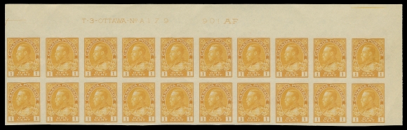 ADMIRAL STAMPS  136,A choice, fresh Upper Right Plate 179 strip of twenty, seldom seen in such nice condition, VF NH (Unitrade cat. $2,200)