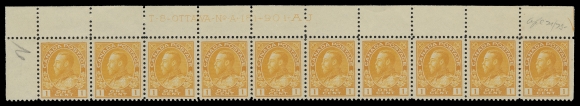 ADMIRAL STAMPS  105,Matching Upper Left Plates 181 & 182 strips of ten, bright and fresh, VLH on straight edge stamp leaving nine stamps in both strips NH; penciled "Apr 21 / 25" and "Apr 22 / 25" dates of acquisition, VF (Unitrade cat. $2,240)