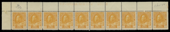 ADMIRAL STAMPS  105,Four strips of ten with consecutive plate numbers: UR Plate 171, straight edge stamp hinged, natural gum skip on two, otherwise NH, UL Plate 172 straight edge stamp hinged, nine stamps NH, UR Plate 173, LH in selvedge, stamps NH and UL Plate 174 straight edge stamp LH, others NH. Plates 171 and 174 in a deeper orange yellow shade, latter F-VF centered, the other three strips VF; each with penciled date of acquisition (Unitrade cat. $3,935)