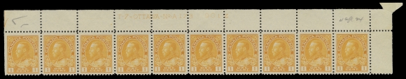 ADMIRAL STAMPS  105,Four strips of ten with consecutive plate numbers: UR Plate 171, straight edge stamp hinged, natural gum skip on two, otherwise NH, UL Plate 172 straight edge stamp hinged, nine stamps NH, UR Plate 173, LH in selvedge, stamps NH and UL Plate 174 straight edge stamp LH, others NH. Plates 171 and 174 in a deeper orange yellow shade, latter F-VF centered, the other three strips VF; each with penciled date of acquisition (Unitrade cat. $3,935)