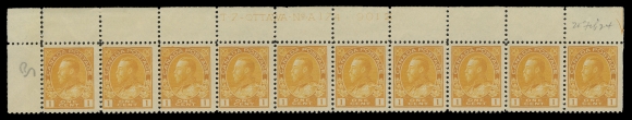 ADMIRAL STAMPS  105,Four strips of ten with consecutive plate numbers: UR Plate 171, straight edge stamp hinged, natural gum skip on two, otherwise NH, UL Plate 172 straight edge stamp hinged, nine stamps NH, UR Plate 173, LH in selvedge, stamps NH and UL Plate 174 straight edge stamp LH, others NH. Plates 171 and 174 in a deeper orange yellow shade, latter F-VF centered, the other three strips VF; each with penciled date of acquisition (Unitrade cat. $3,935)