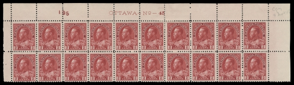 ADMIRAL STAMPS  106ii,A remarkable upper right Plate 45 block of twenty, printing order number "195" at left, very distinctive among the myriad shades found on this particular stamp, quite well centered, hinged between sixth and seventh stamp in top row, the other eighteen are NH; penciled "9 Nov 16" date of acquisition. A fabulous plate multiple, F-VF NH (Unitrade cat. $1,590+)