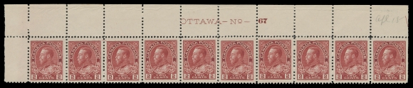 ADMIRAL STAMPS  106,An unusually choice mint Upper Left Plate 67 strip of ten, well centered with large margins, LH in selvedge only, stamps with pristine original gum, VF+ NH (Unitrade cat. $1,200) 