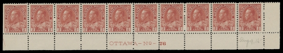 ADMIRAL STAMPS  106iv,Lower right mint Plate 76 strip of ten in the striking, scarcer  shade, well centered with three stamps never hinged; penciled  "Aug 9 . 15" date of acquisition. A lovely plate strip for  the shade enthusiast, VF (Unitrade cat. $1,120)