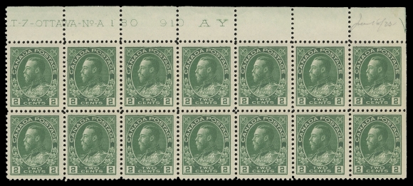 ADMIRAL STAMPS  107i,Plate 180 block of fourteen (upper left pane), minor split perfs in margin, amazing deep  colour on fresh paper, very well centered, LH at top right corner just touching straight edge stamp, all others VF NH (Unitrade cat. $2,000)