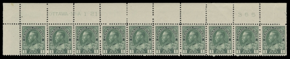 ADMIRAL STAMPS  104,An appealing group of four strips of ten with consecutive plate numbers: UL Plate 121, UR Plate 122 and LL Plates 123 and 124. First two well centered, hinge support in selvedge, all stamps NH; other two reasonably centered with seven and five NH respectively, F-VF (Unitrade cat. $3,440)