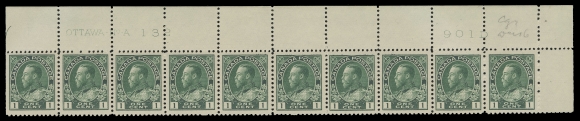 ADMIRAL STAMPS  104e,Four fresh strips of ten with consecutive plate numbers: UR Plate 131, UR Plate 132, UL Plate 133 (no left side selvedge), UR Plate 134; first two strips well centered. All four hinged in selvedge only leaving all stamps NH, F-VF (Unitrade cat. $3,800)