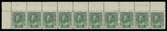 ADMIRAL STAMPS  104, 104e,A brilliant fresh group of plate strips of ten with consecutive numbers: UR Plate 141 (no right-side selvedge), UL Plates 142, 143 and 144; first two well centered, other two fine. Plate 141 strip is VLH on two stamps; Plate 142 LH in selvedge, stamps NH; Plates 143 and 144 both reinforced between fourth and fifth stamps leaving eight NH, F-VF (Unitrade cat. $2,600)