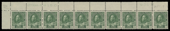 ADMIRAL STAMPS  104, 104e,Four attractive, consecutive plate strips of ten, LH in margin only leaving all stamps NH: UL Plate 149, VF, UL Plate 150, F-VF natural gum bends, UR Plate 151 & Plate 152 both Fine; Plates 149 & 150 in green shade and Plates 151 & 152 in yellow green; each with pencil date of acquisition. (Unitrade cat. $2,300)