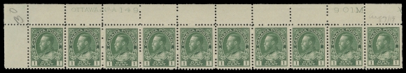 ADMIRAL STAMPS  104, 104e,Four attractive, consecutive plate strips of ten, LH in margin only leaving all stamps NH: UL Plate 149, VF, UL Plate 150, F-VF natural gum bends, UR Plate 151 & Plate 152 both Fine; Plates 149 & 150 in green shade and Plates 151 & 152 in yellow green; each with pencil date of acquisition. (Unitrade cat. $2,300)