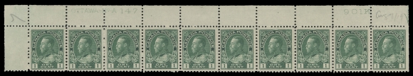 ADMIRAL STAMPS  104, 104e,Four brilliant fresh matching upper left plate strips of ten with consecutive plate numbers 145 to 148; all with nearly VF centering and hinged in selvedge only leaving all stamps NH; the first two in the yellow green shade and Plate 147 & 148 in green; each with penciled date of acquisition, F-VF (Unitrade cat. $2,800)
