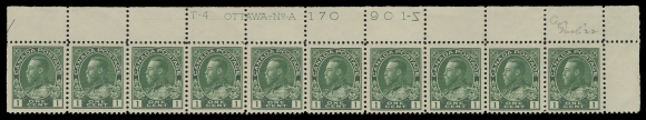 ADMIRAL STAMPS  104ii,Four plate strips of ten with consecutive plate numbers - the last plates used for this stamp: UL Plate 167, F-VF, 168, F-VF, 169, Fine and UR Plate 170, VF. First two strips LH in selvedge only; Plate 169 reinforced split perfs between fifth and sixth stamps, eight stamps NH; Plate 170 light fingerprints on gum (counted as hinged); each with penciled date of acquisition, F-VF (Unitrade cat. $2,780)