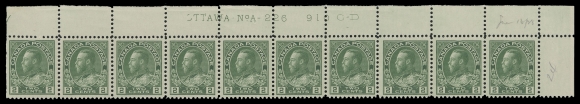 ADMIRAL STAMPS  107iv,Four plate strips of ten with consecutive plate numbers - the last four used for this issue: UR Plate 226, VF, UL Plate 227, F-VF, UL Plate 228, VF & UL Plate 229, VF; all four strips LH in selvedge and on straight edge stamp, the other nine stamps in each strip are NH, a lovely group (Unitrade cat. $2,900)