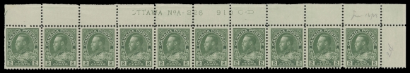 ADMIRAL STAMPS 107iv,Four plate strips of ten with consecutive plate numbers - the last four used for this issue: UR Plate 226, VF, UL Plate 227, F-VF, UL Plate 228, VF & UL Plate 229, VF; all four strips LH in selvedge and on straight edge stamp, the other nine stamps in each strip are NH, a lovely group (Unitrade cat. $2,900)