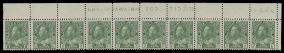 ADMIRAL STAMPS  107iv,A brilliant fresh, matching pair of Upper Right Plates 199 & 200 strips of ten, both lightly hinged once in the selvedge leaving all stamps mint NH; both with penciled date of acquisition, F-VF (Unitrade cat. $960)