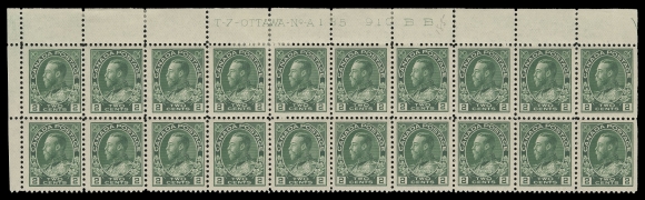 ADMIRAL STAMPS 107a,Quite well centered Upper Left Plate 185 block of twenty, some supported split perfs, latter just touching fourth and fifth stamps, top right stamp LH, the other seventeen are NH, VF (Unitrade cat. $1,800)