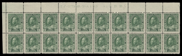 ADMIRAL STAMPS  107a,Quite well centered Upper Left Plate 185 block of twenty, some supported split perfs, latter just touching fourth and fifth stamps, top right stamp LH, the other seventeen are NH, VF (Unitrade cat. $1,800)