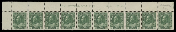 ADMIRAL STAMPS  107 shade,Three consecutive, matching plate strips of ten, each in a lovely bright, deep shade: Plates 175, 176, 177 from Upper Left position; penciled date of acquisition. Each  well centered, LH on straight edged stamp only leaving nine NH in each; Plate 175 has natural gum skip on one stamp; a visually striking trio, VF (Unitrade cat. $4,050)