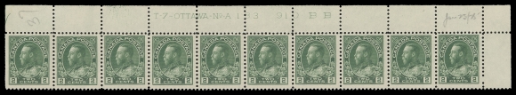 ADMIRAL STAMPS  107e,Matching pair of Upper Right Plates 183 & 184 strips of ten, penciled date of acquisition, LH in selvedge, all stamps are NH except one straight edged stamp, F-VF (Unitrade cat. $985)