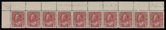 ADMIRAL STAMPS  109d,A choice Upper Left Plate 117 strip of ten, couple light hinge marks in selvedge, stamps are never hinged; penciled "May 4 / 26" date of acquisition. A selected plate strip in a lovely shade, VF (Unitrade cat. $1,200)
