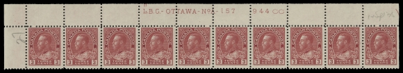 ADMIRAL STAMPS  109c,Three matching plate strips of ten with consecutive numbers - plates 156, 157 and 158 Upper Left; penciled date of acquisition. Each strip LH in selvedge only leaving all stamps NH.  A rare trio of plate strips of the scarcer die. F-VF (Unitrade cat. $3,900)