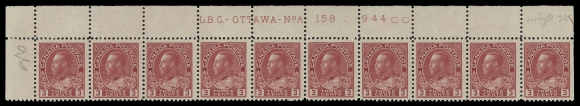 ADMIRAL STAMPS  109c,Three matching plate strips of ten with consecutive numbers - plates 156, 157 and 158 Upper Left; penciled date of acquisition. Each strip LH in selvedge only leaving all stamps NH.  A rare trio of plate strips of the scarcer die. F-VF (Unitrade cat. $3,900)