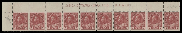 ADMIRAL STAMPS 109c,Three matching plate strips of ten with consecutive numbers - plates 156, 157 and 158 Upper Left; penciled date of acquisition. Each strip LH in selvedge only leaving all stamps NH. A rare trio of plate strips of the scarcer die. F-VF (Unitrade cat. $3,900)