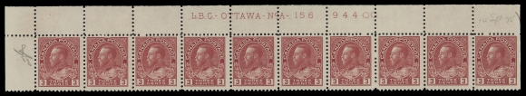 ADMIRAL STAMPS  109c,Three matching plate strips of ten with consecutive numbers - plates 156, 157 and 158 Upper Left; penciled date of acquisition. Each strip LH in selvedge only leaving all stamps NH.  A rare trio of plate strips of the scarcer die. F-VF (Unitrade cat. $3,900)