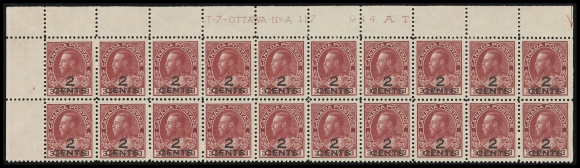ADMIRAL STAMPS  140,Post office fresh Plate 117 block of twenty from upper left pane, bright colour and well centered, VF NH (Unitrade cat. $1,700)