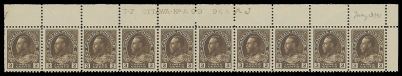 ADMIRAL STAMPS  108ii,A choice, well centered Upper Right Plate 99 strip of ten, penciled "May 13 / 21" date of acquisition, amazing deep colour, single light hinge in selvedge just touching straight edged stamp leaving nine NH, VF (Unitrade cat. $1,680)