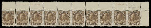 ADMIRAL STAMPS  108b,The visually striking scarcer shade in a well centered Upper Right Plate 22 strip of ten, penciled date of acquisition, LH in selvedge and natural bend on Position 8, otherwise VF NH (Unitrade cat. $1,950)