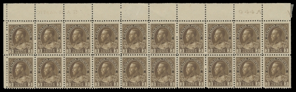 ADMIRAL STAMPS  108,Upper Left Plate 2 block of twenty, fresh colour, end pairs hinged leaving sixteen stamps NH. A very scarce, early plate block, F-VF (Unitrade cat. $1,480)