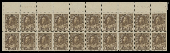 ADMIRAL STAMPS 108,Upper Left Plate 2 block of twenty, fresh colour, end pairs hinged leaving sixteen stamps NH. A very scarce, early plate block, F-VF (Unitrade cat. $1,480)
