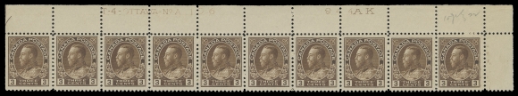 ADMIRAL STAMPS  108,Two attractive, matching plate strips: Plates 106 and 107 Upper  Right positions; penciled date of acquisition. Both with lovely  fresh colour and well centered. Plate 106 LH in selvedge and  straight edge stamp, nine stamps NH, Plate 107 LH in selvedge,  two stamps with natural gum skip, eight stamps NH. Very Fine  (Unitrade cat. $2,700)