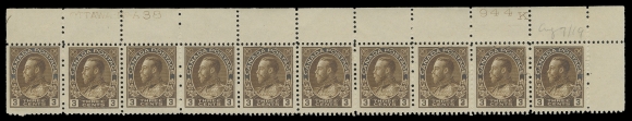 ADMIRAL STAMPS  108,Consecutive & matching trio of plate strips of ten: Plate 37, 38, 39 from the Upper Right pane position; penciled dates of acquisition. Each strip in a lovely deep rich shade, LH in selvedge only leaving all stamps NH. A very scarce group of plate strips, F-VF (Unitrade cat. $2,550)