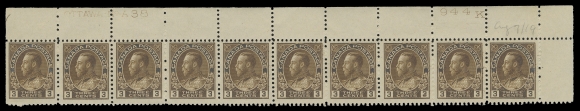 ADMIRAL STAMPS 108,Consecutive & matching trio of plate strips of ten: Plate 37, 38, 39 from the Upper Right pane position; penciled dates of acquisition. Each strip in a lovely deep rich shade, LH in selvedge only leaving all stamps NH. A very scarce group of plate strips, F-VF (Unitrade cat. $2,550)
