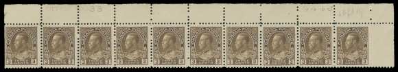 ADMIRAL STAMPS  108 shades,An attractive and very scarce quartet of plate strips of ten, displaying three shades of brown: UL Plate 29 & 31 and UR Plate 33 & 34, each with pencil date of acquisition. Plate 33 reasonably centered, others quite well centered. First two strips with straight edge stamp VLH and nine stamps NH, last two strips LH in selvedge with stamps NH, F-VF to VF (Unitrade cat. $5,150)