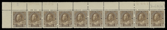 ADMIRAL STAMPS  108 shades,An attractive and very scarce quartet of plate strips of ten, displaying three shades of brown: UL Plate 29 & 31 and UR Plate 33 & 34, each with pencil date of acquisition. Plate 33 reasonably centered, others quite well centered. First two strips with straight edge stamp VLH and nine stamps NH, last two strips LH in selvedge with stamps NH, F-VF to VF (Unitrade cat. $5,150)