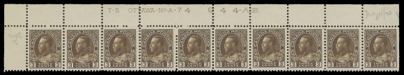 ADMIRAL STAMPS  108,Consecutive & matching trio of plate strips of ten, each in a  lovely deep rich shade: Plate 72, 73, 74 from Upper Left pane  position; penciled date of acquisition. Each strip quite well  centered, LH in selvedge only leaving all stamps NH. An  impressive and very scarce group of plate strips, VF (Unitrade cat. $4,500)These three plates were the source of the extremely rare Type C  inverted lathework (found on lower left & lower right panes).