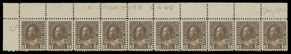 ADMIRAL STAMPS  108,Consecutive & matching trio of plate strips of ten, each in a  lovely deep rich shade: Plate 72, 73, 74 from Upper Left pane  position; penciled date of acquisition. Each strip quite well  centered, LH in selvedge only leaving all stamps NH. An  impressive and very scarce group of plate strips, VF (Unitrade cat. $4,500)These three plates were the source of the extremely rare Type C  inverted lathework (found on lower left & lower right panes).