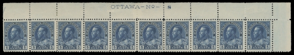 ADMIRAL STAMPS  111,A reasonably centered Upper Right Plate 8 strip of ten with rich colour; hinged in margin, split perfs reinforced between second and third stamps, eight stamps are NH. A rare plate strip, F-VF (Unitrade cat. $4,530) ex. George Marler (September 1982; Lot 351), Robert Bayes (private treaty 1996)