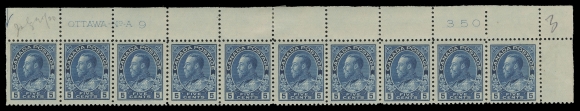 ADMIRAL STAMPS  111,Post office fresh, well centered upper right Plate 9 strip of ten, pencil "July 20 / 20" date of acquisition. End stamps LH, a few split perfs in margin strengthened by a hinge; eight stamps NH. A very scarce plate strip with great colour, F-VF (Unitrade cat. $4,530)