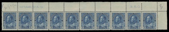 ADMIRAL STAMPS 111,Post office fresh, well centered upper right Plate 9 strip of ten, pencil "July 20 / 20" date of acquisition. End stamps LH, a few split perfs in margin strengthened by a hinge; eight stamps NH. A very scarce plate strip with great colour, F-VF (Unitrade cat. $4,530)