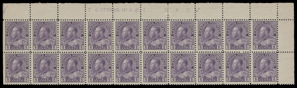 ADMIRAL STAMPS  112ii,Upper Right Plate 21 block of twenty, exceptional colour and bright fresh impression in an unmistakable shade, faint natural bend on two stamps, lightly hinged in selvedge only, all stamps are NH. A beautiful plate block, F-VF (Unitrade cat. $2,200)