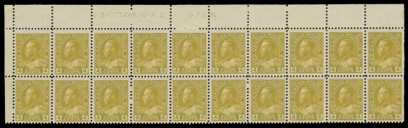 ADMIRAL STAMPS  110 shade,Upper Left Plate 2 block of twenty, nicely centered with amazingly rich colour, lightly hinged on vertical end pairs only, leaving the other sixteen stamps with full unblemished original gum, never hinged. A fabulous and choice plate block in a distinctive deeper shade, VF LH / NH (Unitrade cat. $5,200) ex. C.M. Jephcott (June 1990; Lot 772)